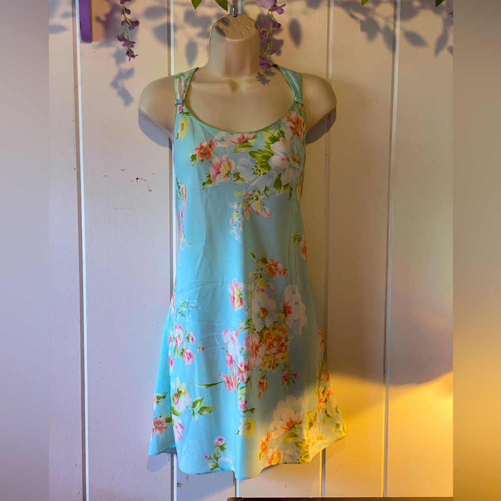 FINAL PRICE VTG Oscar de la Renta slip dress,blue/pink floral,bow/pearl, S